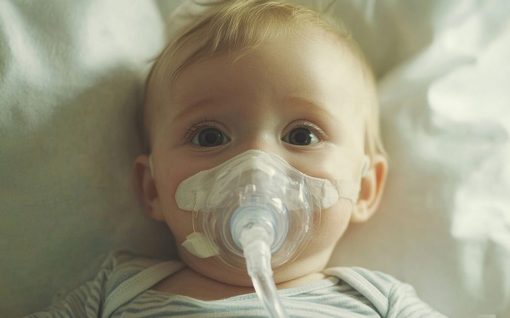 um bebe usando uma mascara de oxigenio esta descansando em uma cama de hospital recebendo cuidados e tratamento especiais
